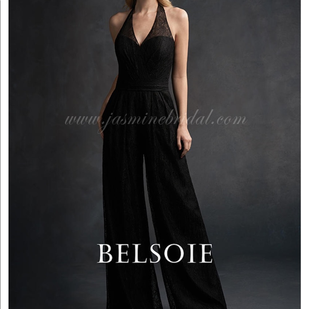 Belsoie Jasmine Black Lace Halter Formal Jumpsuit